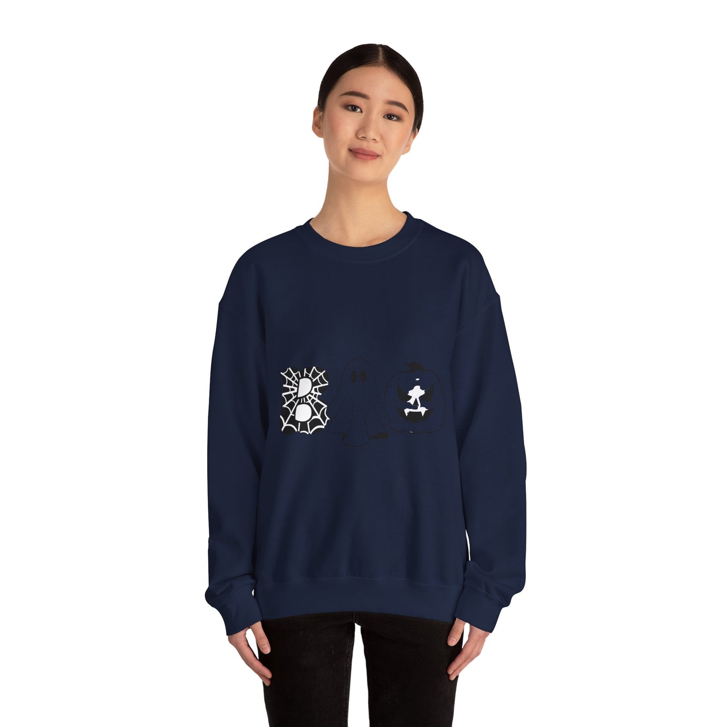 Halloween Boo Crewneck Sweatshirt — Ghost, Spiderweb & Jack-O'-Lantern Graphic