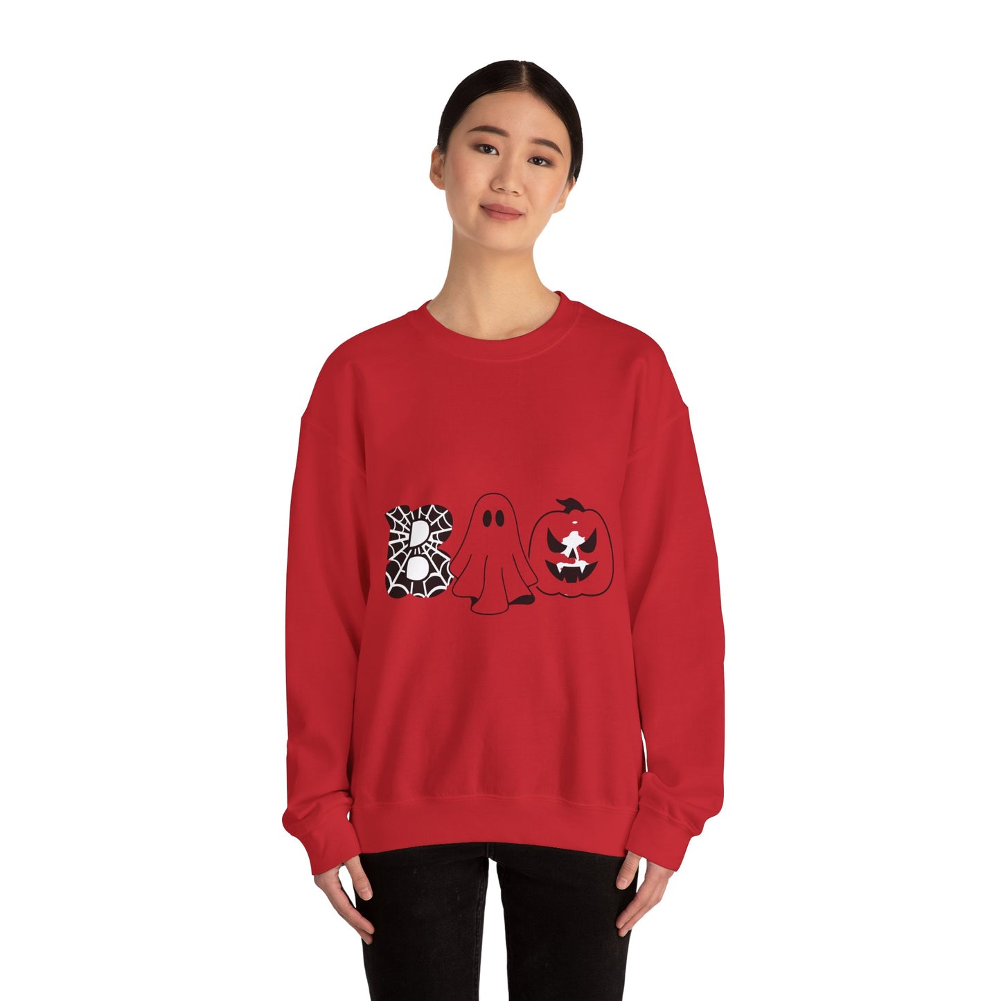 Halloween Boo Crewneck Sweatshirt — Ghost, Spiderweb & Jack-O'-Lantern Graphic