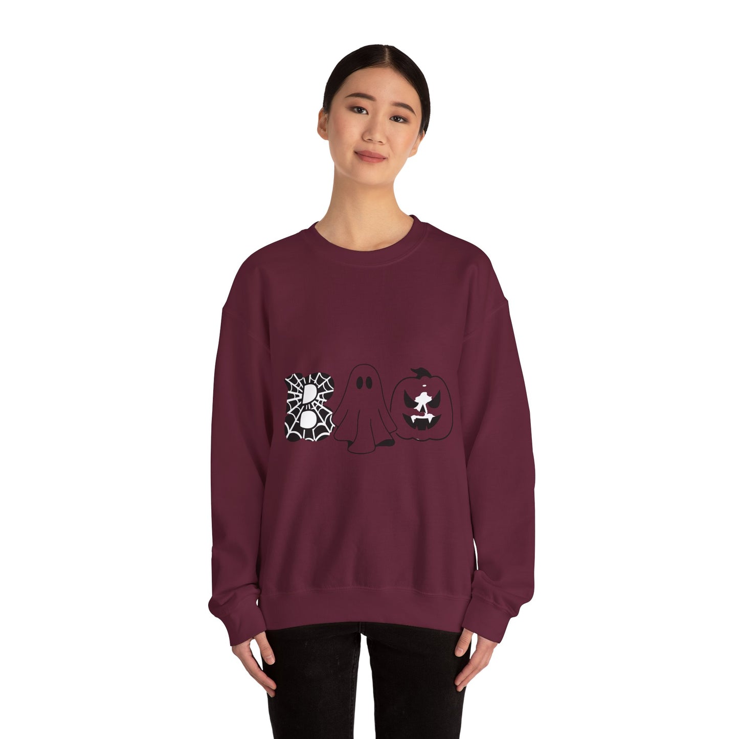 Halloween Boo Crewneck Sweatshirt — Ghost, Spiderweb & Jack-O'-Lantern Graphic