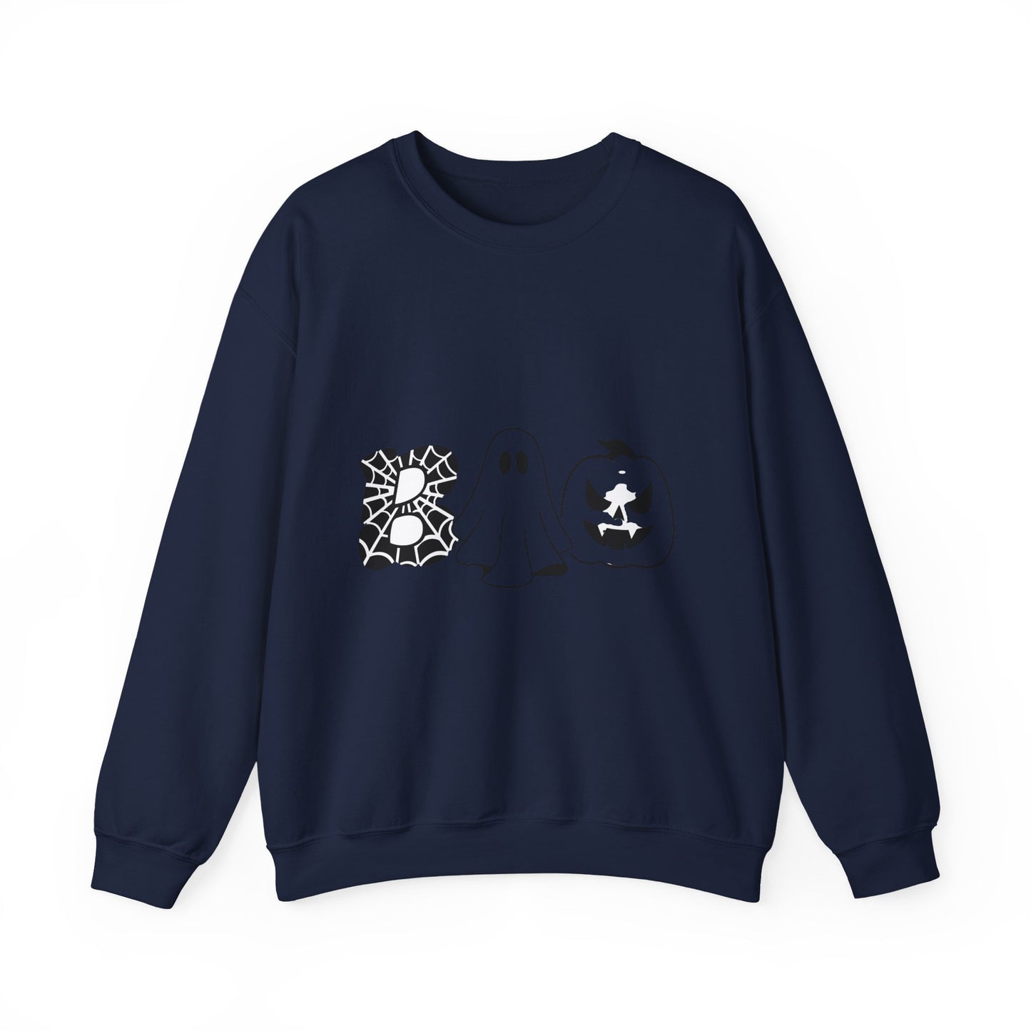 Halloween Boo Crewneck Sweatshirt — Ghost, Spiderweb & Jack-O'-Lantern Graphic