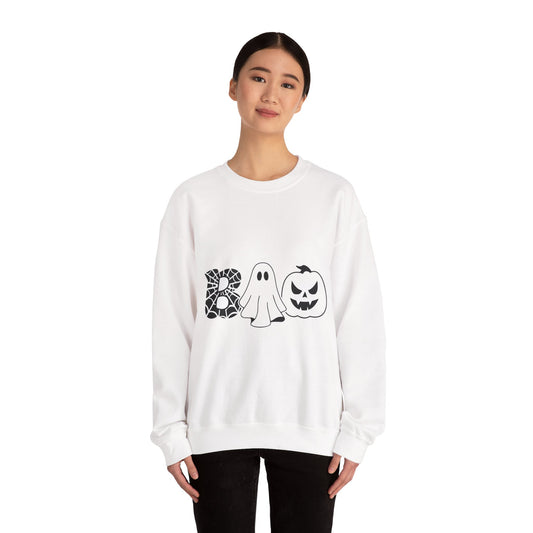 Halloween Boo Crewneck Sweatshirt — Ghost, Spiderweb & Jack-O'-Lantern Graphic