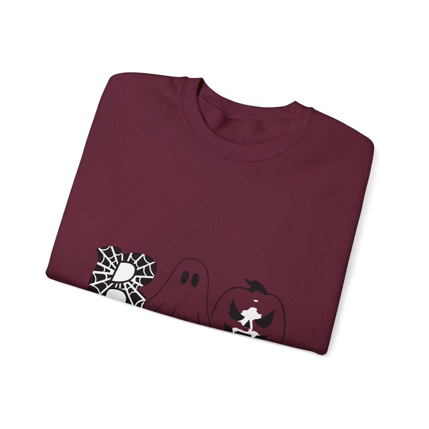Halloween Boo Crewneck Sweatshirt — Ghost, Spiderweb & Jack-O'-Lantern Graphic