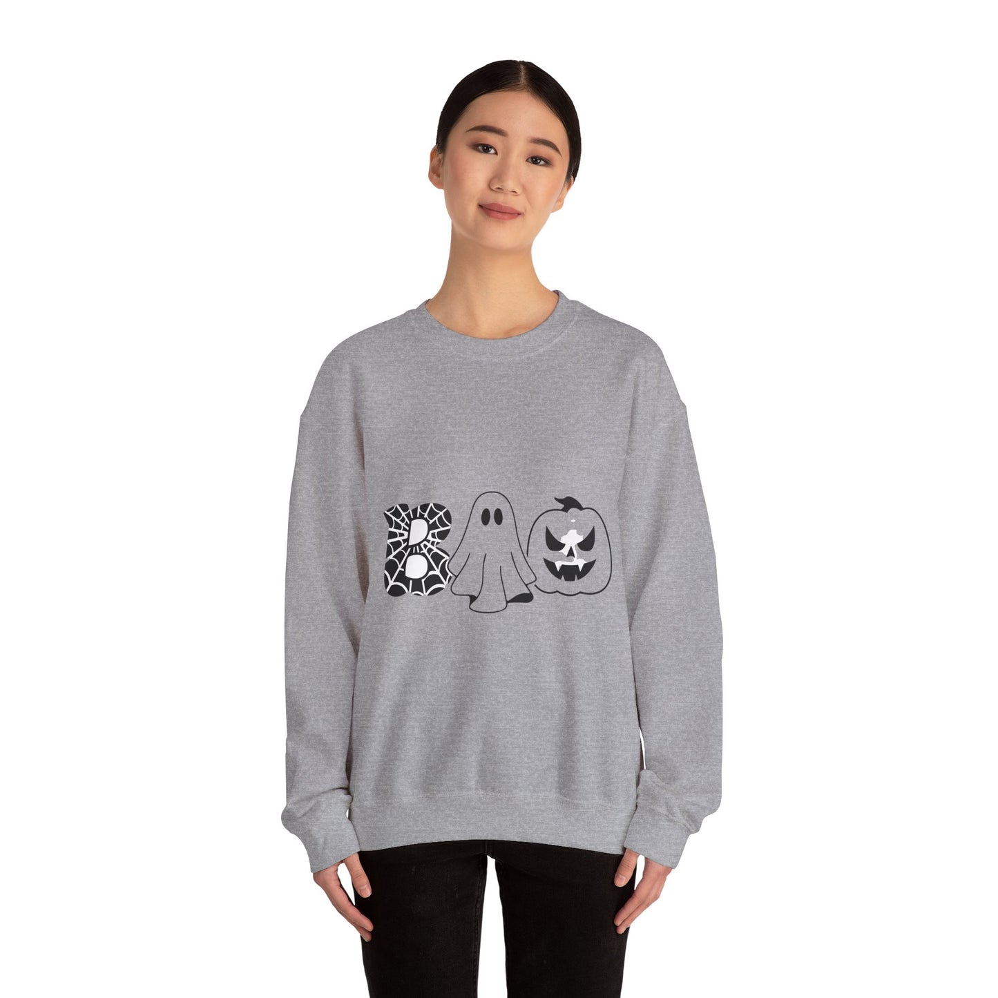 Halloween Boo Crewneck Sweatshirt — Ghost, Spiderweb & Jack-O'-Lantern Graphic