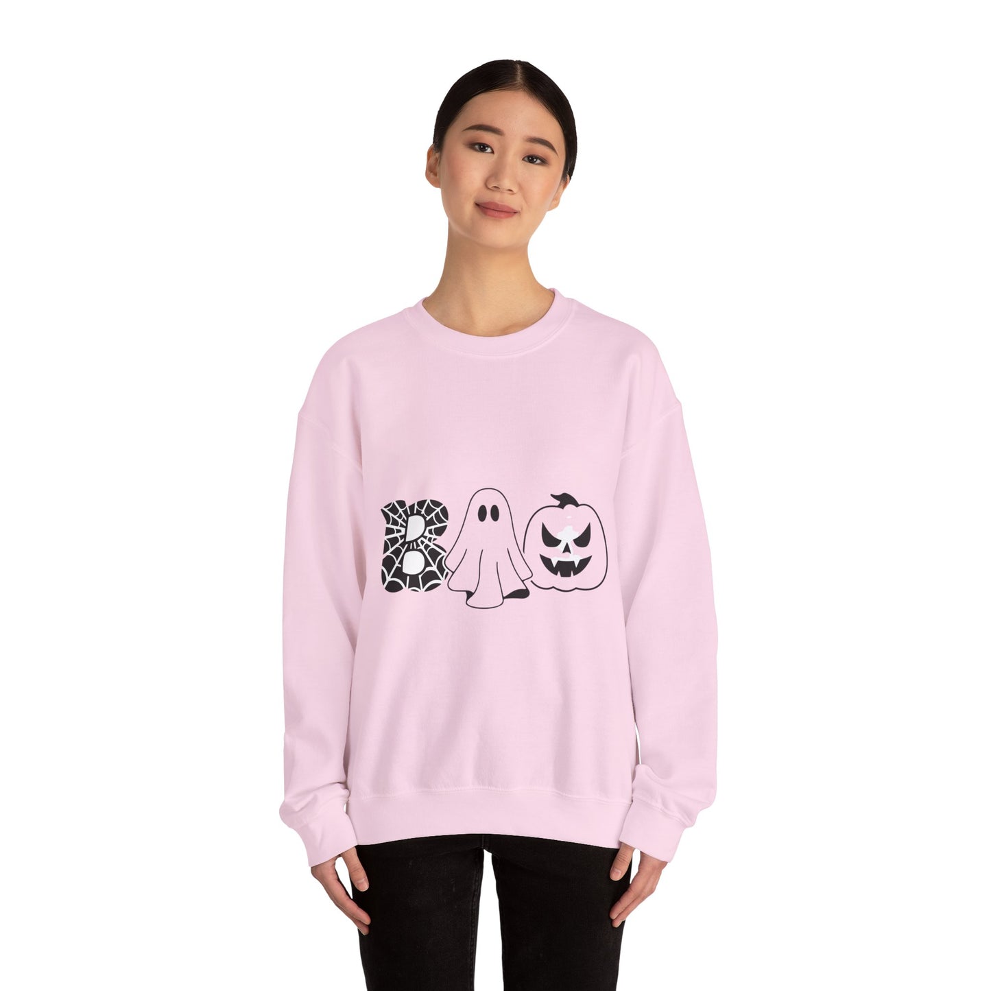 Halloween Boo Crewneck Sweatshirt — Ghost, Spiderweb & Jack-O'-Lantern Graphic