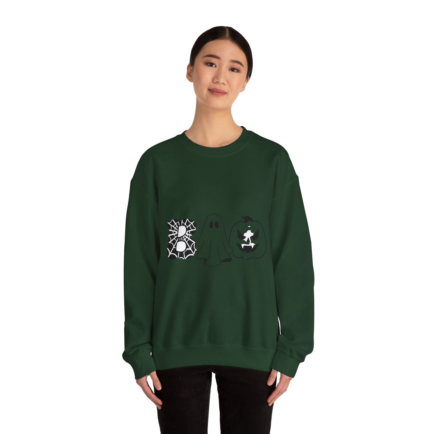 Halloween Boo Crewneck Sweatshirt — Ghost, Spiderweb & Jack-O'-Lantern Graphic