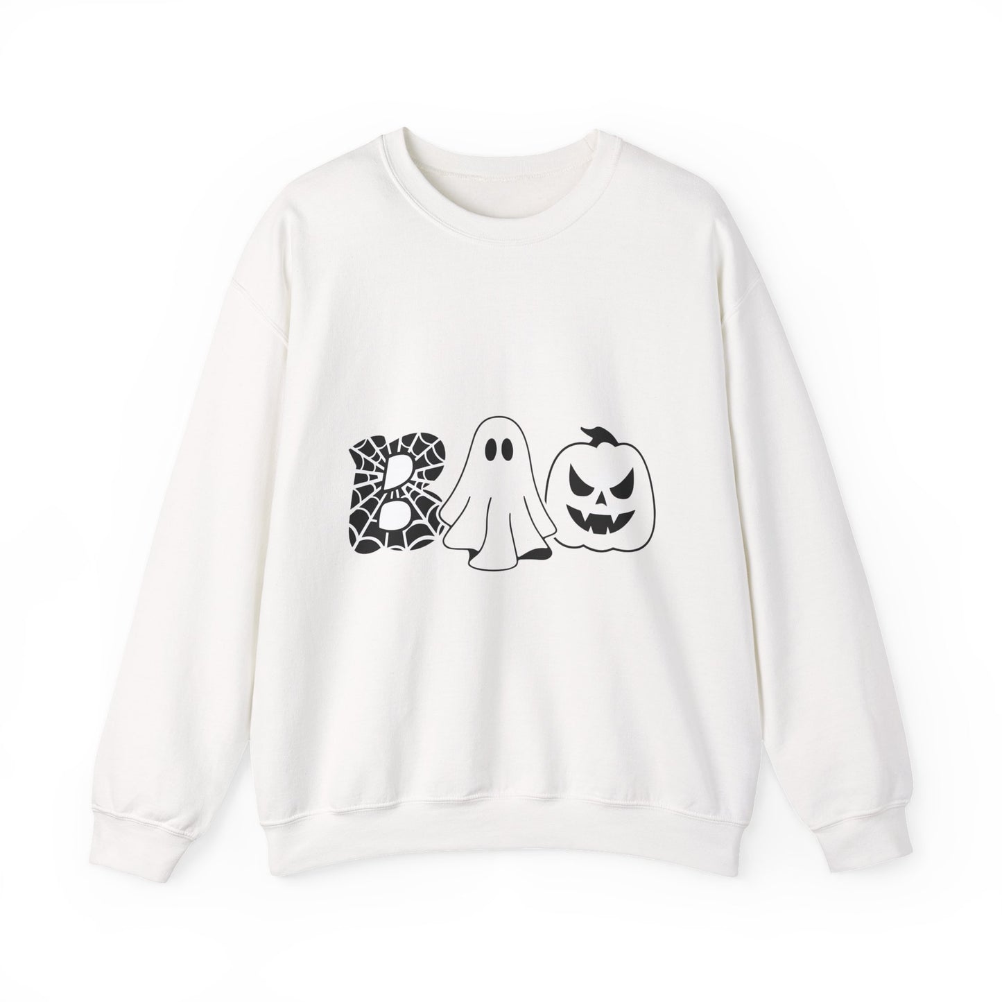 Halloween Boo Crewneck Sweatshirt — Ghost, Spiderweb & Jack-O'-Lantern Graphic