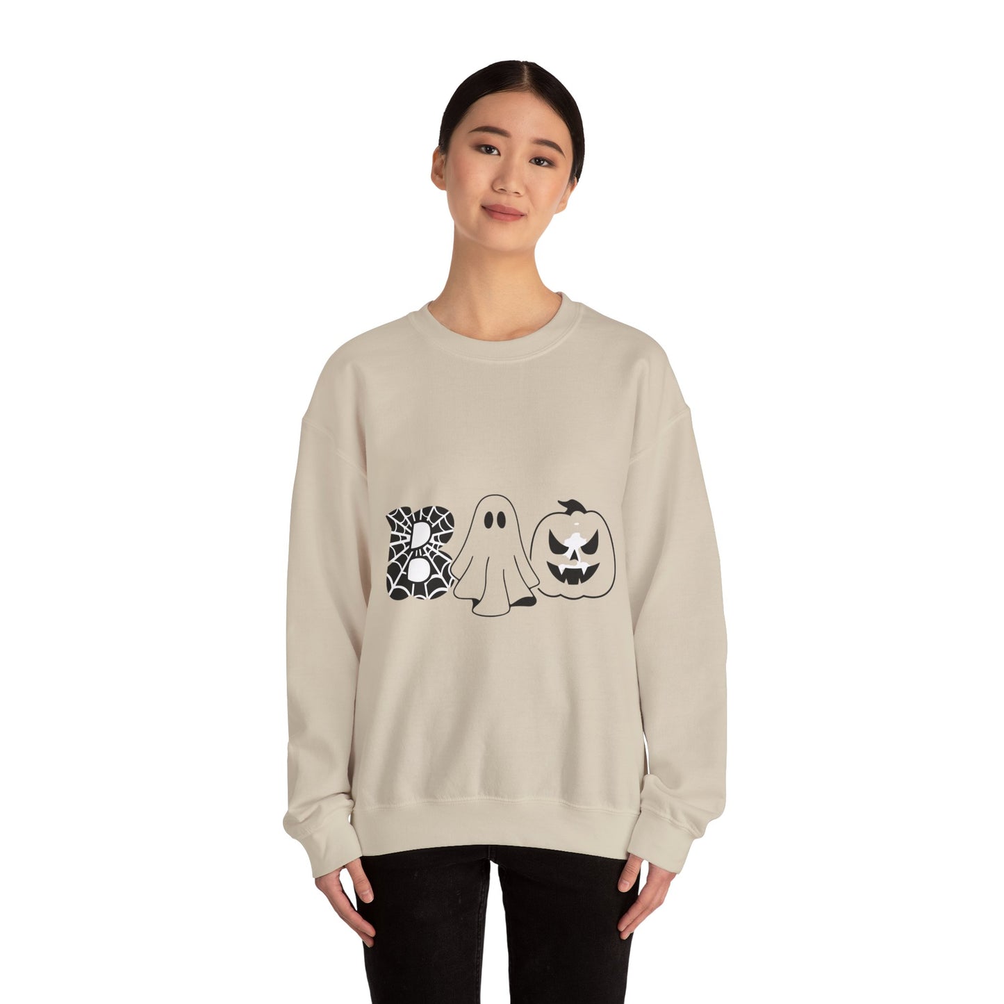 Halloween Boo Crewneck Sweatshirt — Ghost, Spiderweb & Jack-O'-Lantern Graphic